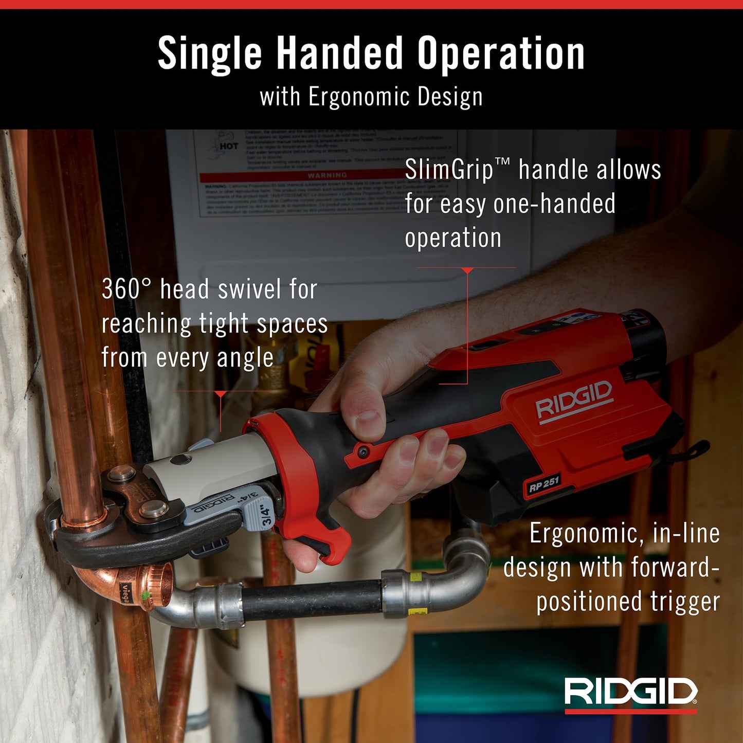 RIDGID 78158 RP 251 Compact Press Tool Battery Kit with ProPress Jaws (1/2" to 1"), In-Line Pressing Tool for Copper, Stainless Steel, PEX, and Carbon Steel