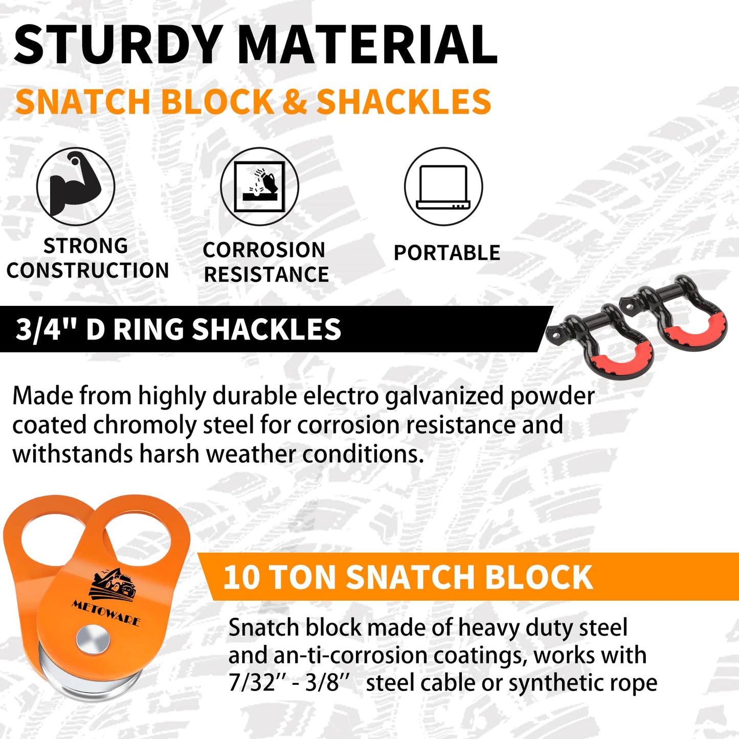 METOWARE Offroad Recovery Kit - 3" x8' Tree Saver, 3" x20' Tow Strap, 10 Ton Heavy Duty Snatch Block Pulley, 2pk 3/4" D Ring Shackles and Winch Line Dampener Bag