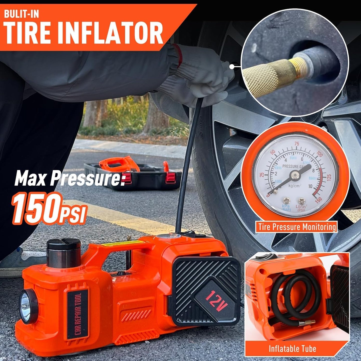 Electric Car Jack Kit 5 Ton 12V Hydraulic Floor Jack with Impact Wrench and Inflatable Pump for SUV Car Emergency Repair Tire Change Kit with LED Light