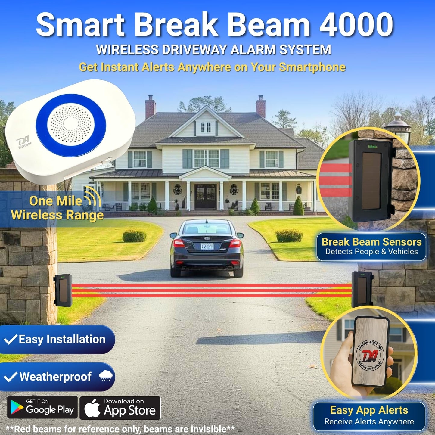 Dakota Alert Smart Solar Break Beam 4000 Electronic Driveway Alarm System – Wireless Outdoor Security Sensor, Wi-Fi Smart Receiver with Smartphone Alerts, 1-Mile Range