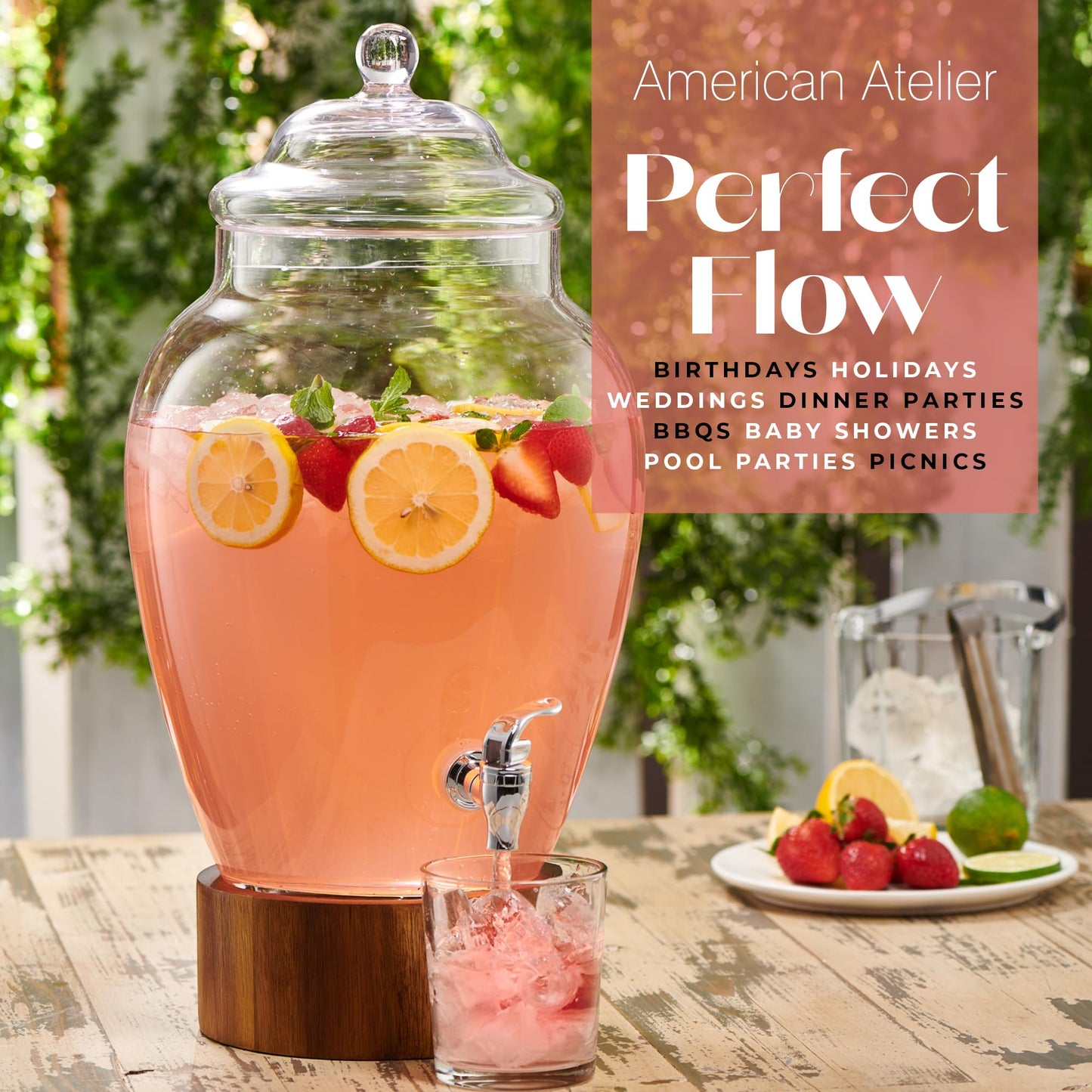 American Atelier Madera Beverage Dispenser Cold Drink Dispenser w/ 3-Gallon Capacity Glass Jug, Leak-Proof Acrylic Spigot in Gorgeous Gift Box Great for Parties, Weddings & More