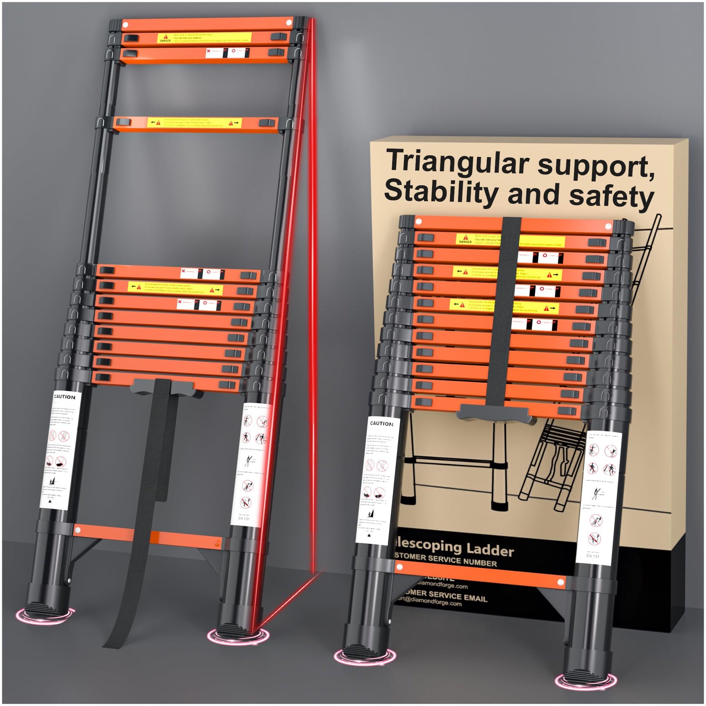 Telescoping Ladder, 12.5 FT Aluminum Extendable Ladder, 330 Lbs Capacity, Collapsible Folding Ladder for House, Roof, RV & Travel Trailer (Black+Orange)