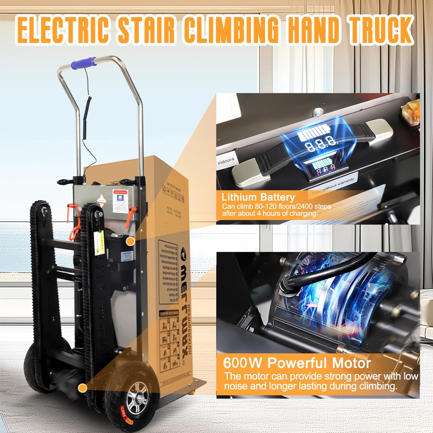 ROOMEDAL Electric Stair Climbing Dolly, 661lb 600W Powered Electric Stair Climbing Hand Trucks Dolly Cart with Rubber Tracks for Moving, Heavy Duty Stair Climber (Pure Black)