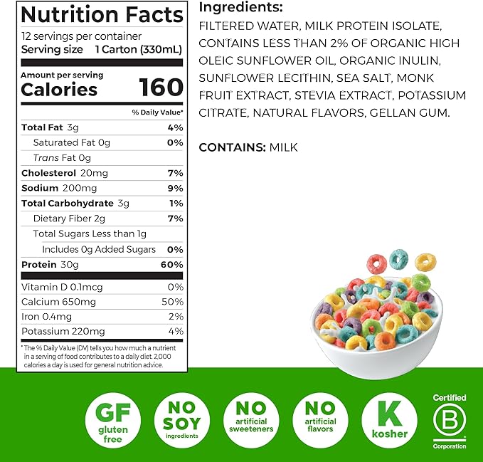 Orgain 30g High Protein Shake, Dairy Isolate Milk Protein, Fruity Cereal, 5g BCAAs, <1g Sugar Per Serving, Meal Replacement, Ready to Drink, Keto Friendly, Gluten-Free 11 Fl Oz (Pack of 12)