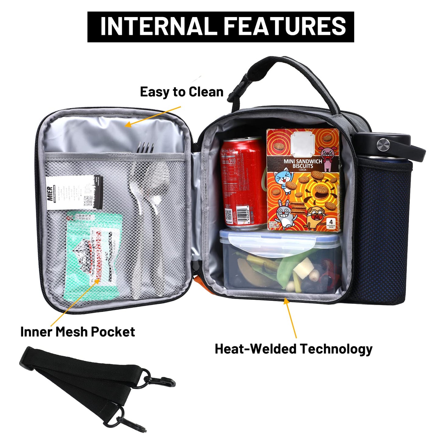 MIER Expandable Lunch Bag Insulated Lunch Box for Men to Work Travel Portable Lunchbox Bags with Shoulder Strap and Water Bottle Holder(Grey/Orange)