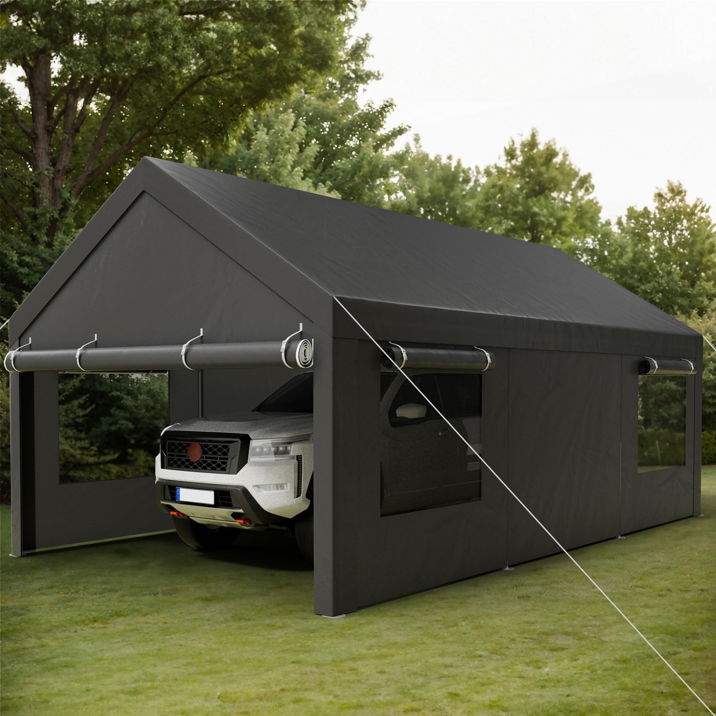 12x20 FT Heavy-Duty Design Carport,Portable Garage Canopy,Carport Canopy with Side-Opening Removable Door & Roll-Up Window,Portable Car Port for Car, Truck, Boat,Grey