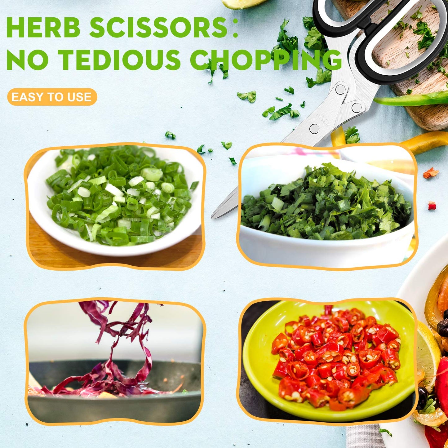Herb Scissors with 5 Blades and Cover, Kitchen Herb Cutter with Cleaning Comb, Stainless Steel Multi Blade Herb Shears for Basil Parsley Cilantro, Easy Clean Cooking Tool, Unique Kitchen Gadgets Gift