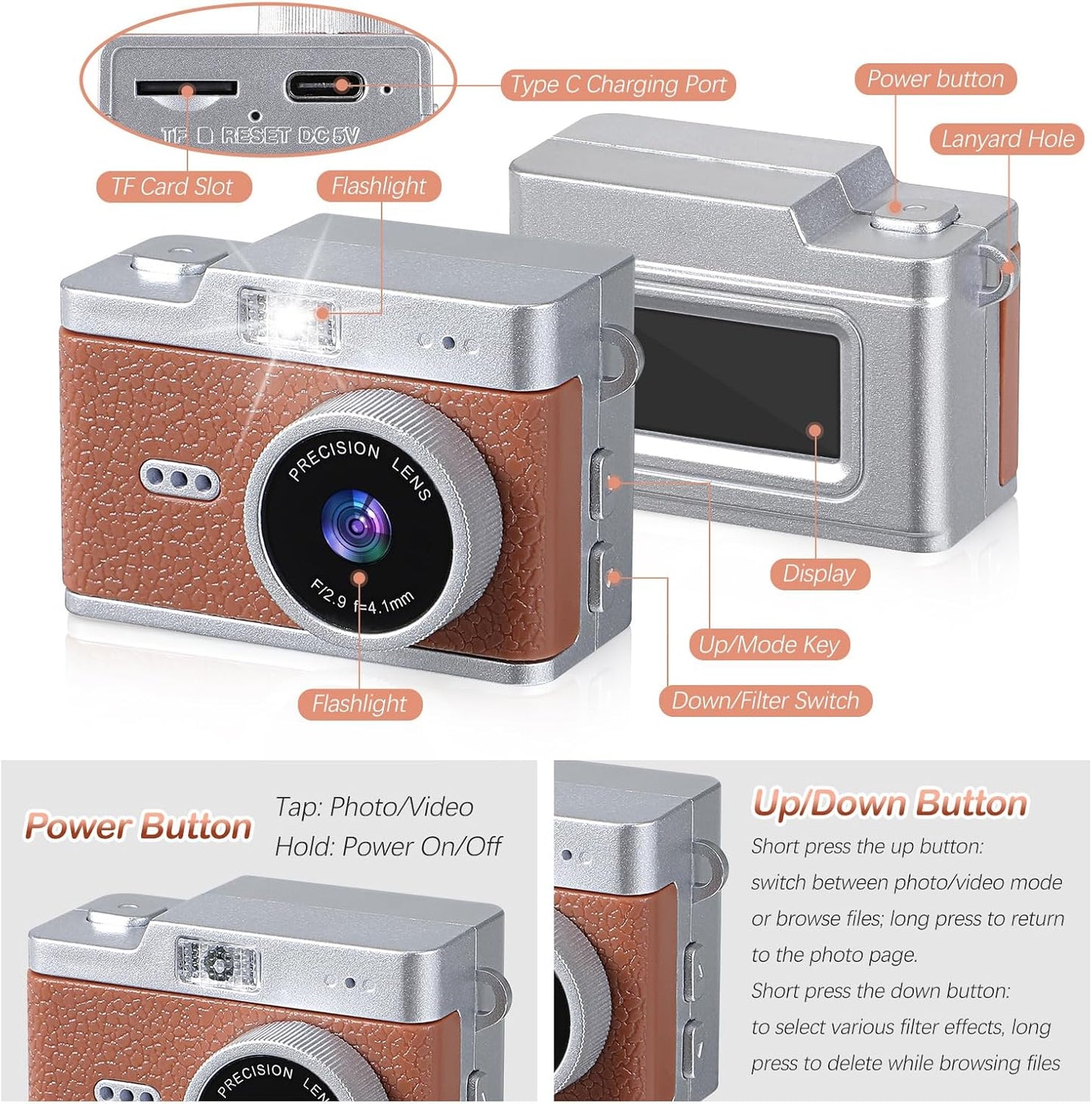 Brynnl 1080P 0.96" Mini Retro Keychain Digital Camera, Ultra-Compact Tiny Camera with Video, Display, Long Battery