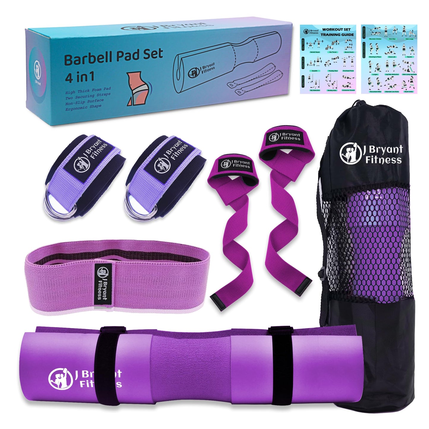 J Bryant Barbell Pad Set with 2 Ankle Straps for Cable Machines, Hip Resistance Band, Weight Lifting Straps, Thick Cushion Hip-Thrusts Pad with Carry Bag for Squats Bench Press Workout