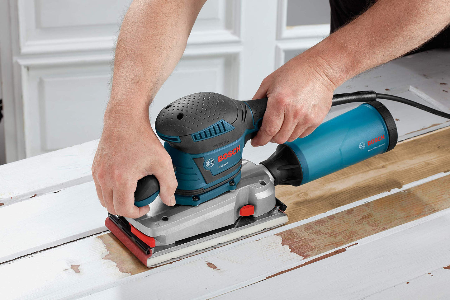 BOSCH OS50VC Electric Orbital Sander - 3.4 Amp 1/2 Inch Finishing Belt Sander Kit with Vibration Control for 4.5 Inch x 9 Inch Sheets, Blue