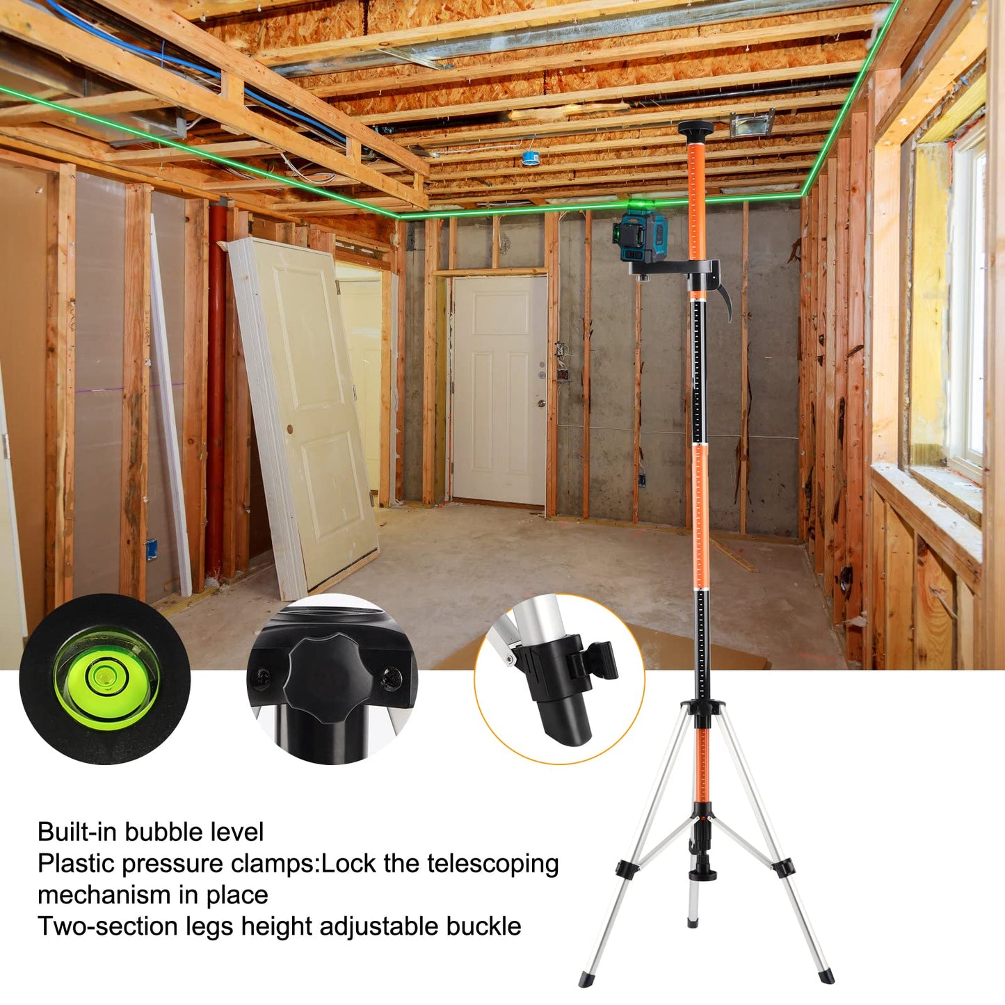 KEZERS Laser Level with Tripod & Laser Level Pole,12Ft/3.7M Telescoping Pole for Laser Level,Laser Level 360 Self Leveling,Green Line Laser Level for Picture Hanging,Tile Laying,Construction