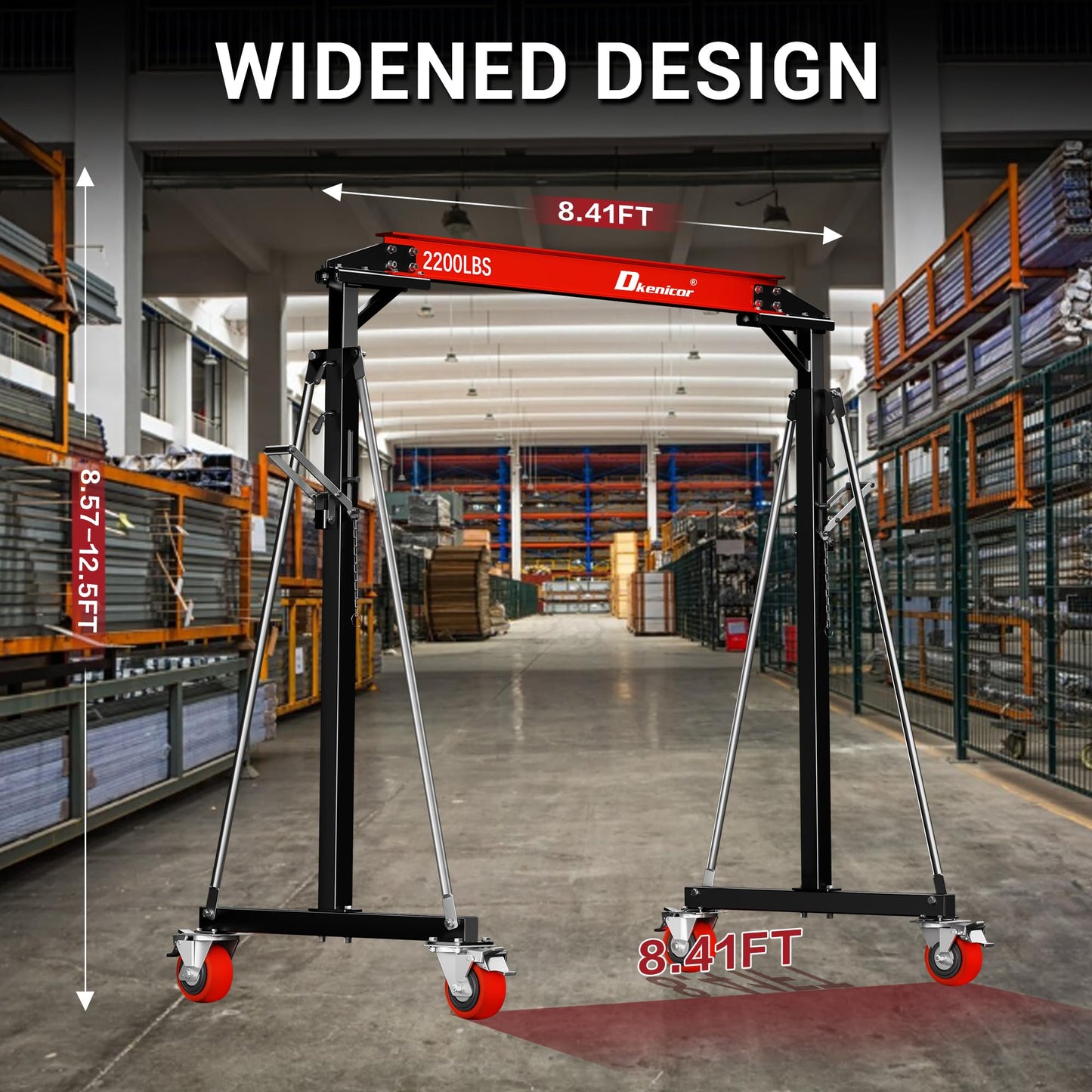 Dkenicor Adjustable Gantry Crane, Max 3000Lbs Adjustable Height 8.57 to 12.14ft, Steel I-Beam Construction Portable Shop Hoist for Factories, Warehouses, Auto Repair, Construction Site, Red