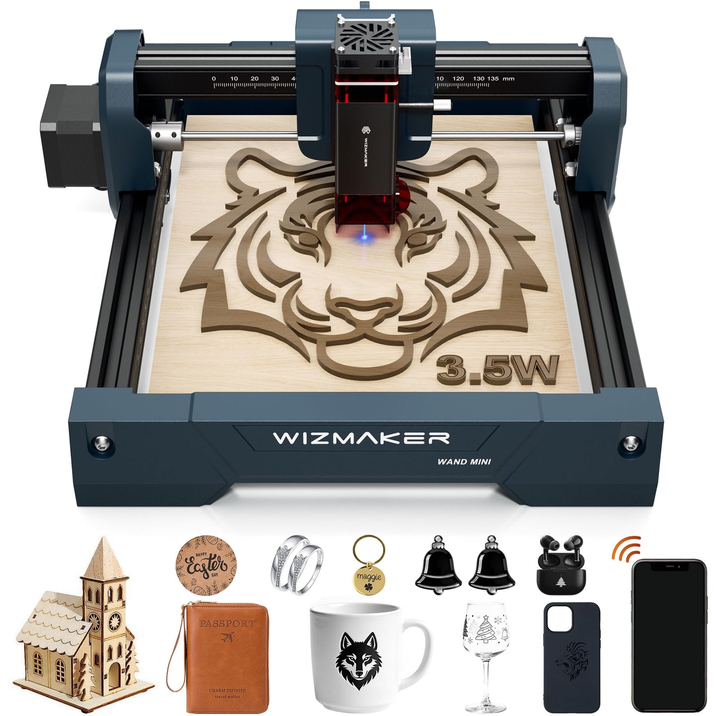 Wizmaker Entry-Level Laser Engraver, 3500mW Laser Engraver,0.04mm Spot Size,12000 Mm/Min Processing Speed, Supports Wi-Fi/Hotspot/USB Connections, Ideal for Home, Studio, Market, and Desktop