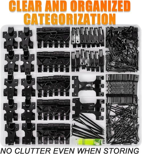 KURUI Picture Hanging Kit - 385Pcs Heavy Duty Hooks, Sawtooth & Nails for Frames | Black