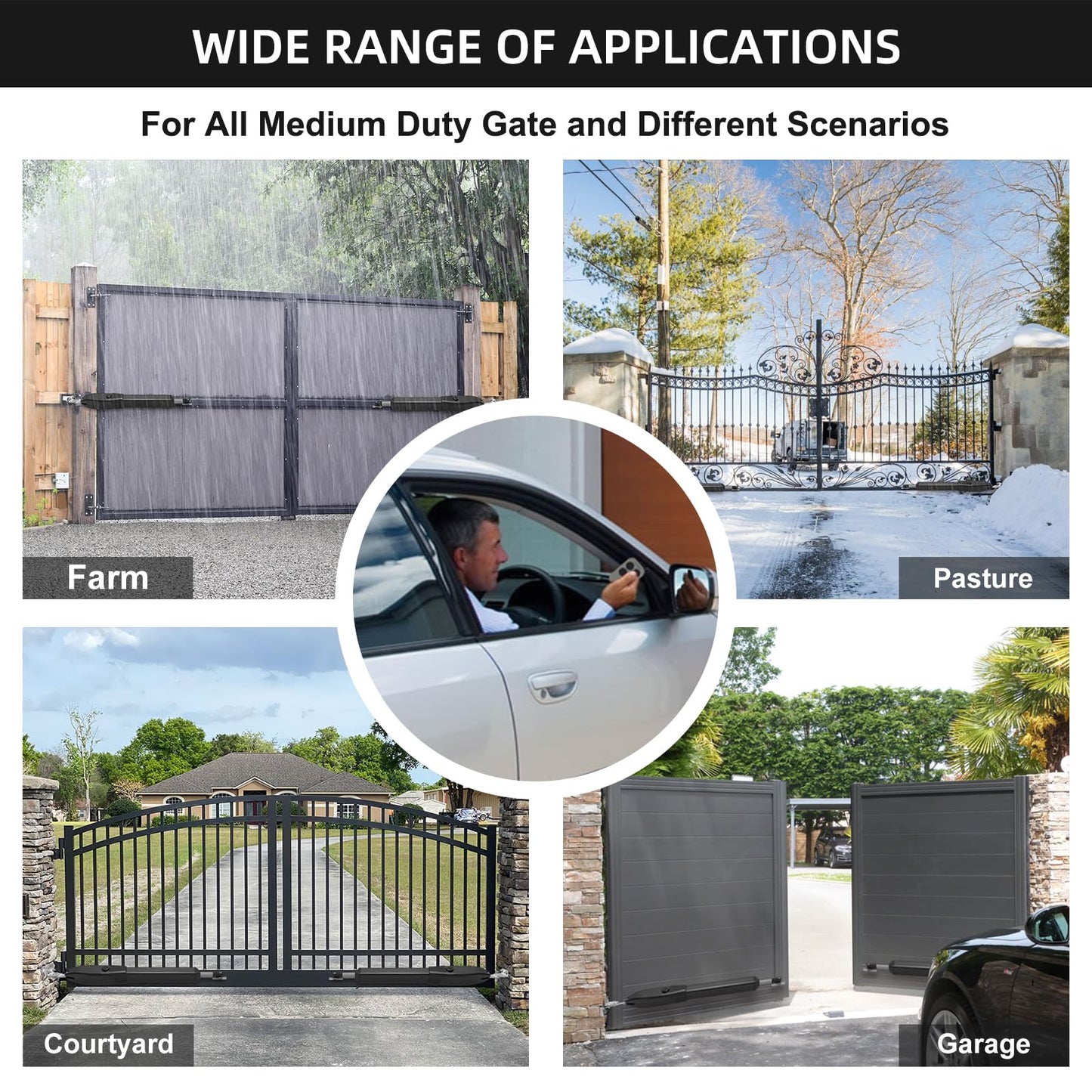JUJIANG Automatic Gate Opener with Remote Complete Kit for Swing Gate Up to 770lb 16FT per Arm, Electric Gate Opener Medium Duty Dual Swing Gate Opener Automatic Gate Motor 60W AC Powered PKM-C026