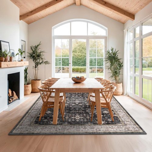 Boho Black Rug - Washable 10x14 Area Rug, Soft Low Pile Carpet for Living Room & Dining Room | Non-Slip, Stain Resistant