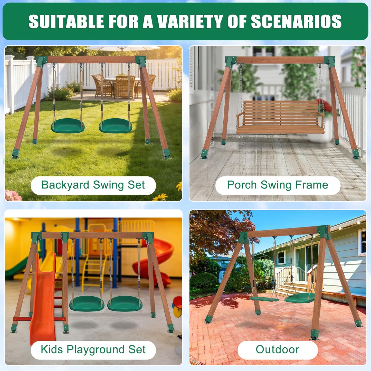 BeneLabel A-Frame Swing Set Brackets with 4pcs Swing Leveling Base Brackets Heavy Duty Swingset Hardware Kit DIY Swingset End Bracket for 4 (4x4) Legs & 1 (4x6) Beam Green