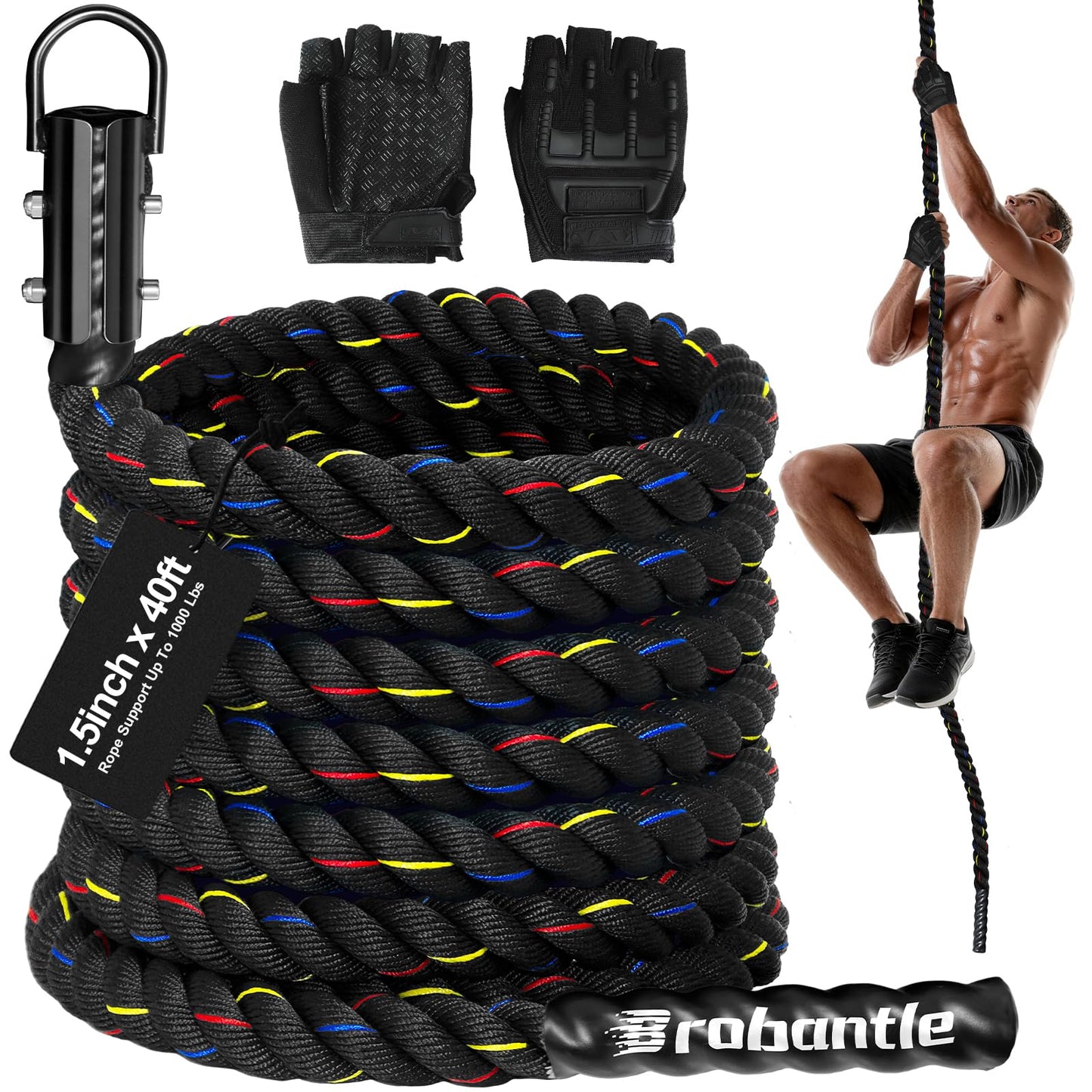Brobantle Climbing Rope Gym Workout - 1.5 Inch Diameter 40FT Heavy Duty Thick Rope Work Out Exercise Ropes for Adults Home Indoor & Outdoor Fitness and Strength Training