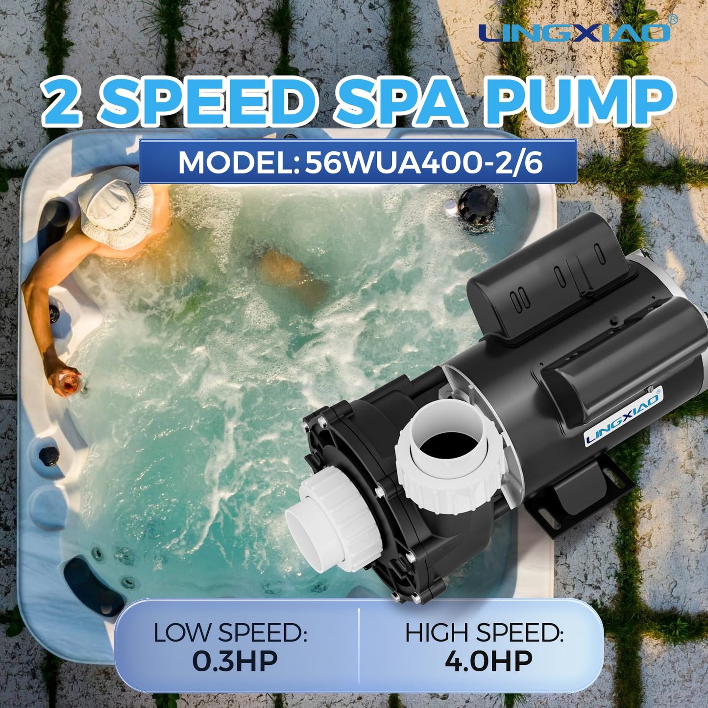 LINGXIAO 2 Speed SPA Pump 4HP Hot Tub Pump 220-240V, 2 Speed, 2" Port, 56 Frame LX Pump Energy Efficiency SPA Motors (Model: 56WUA400-2/6)