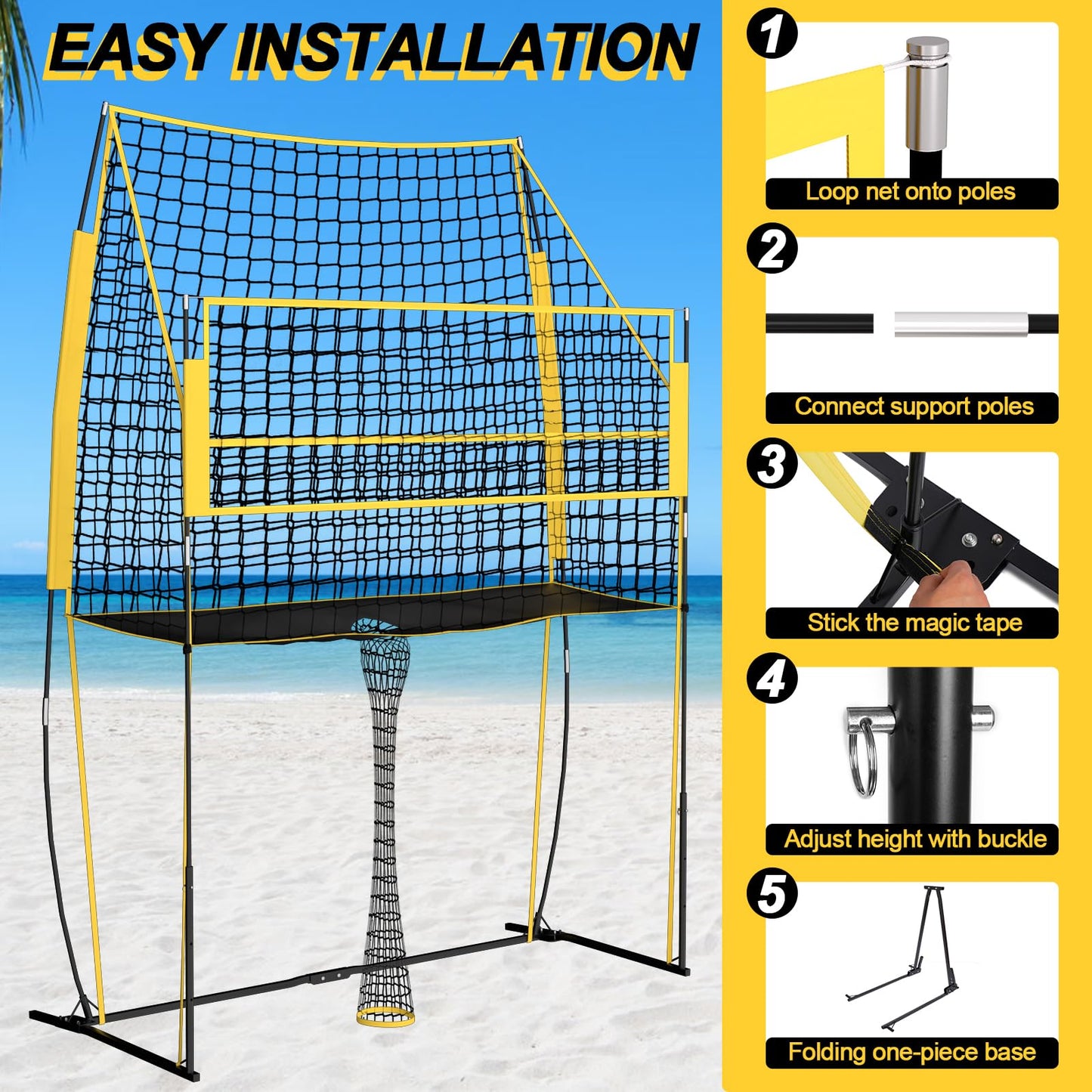 Volleyball Training Net, Portable Adjustable Trainer for Serving Spiking & Setting – 3-in-1 Height Settings for Kids Teens & Adults, Sturdy Steel Frame for Backyard Beach Gym Indoor/Outdoor Practice