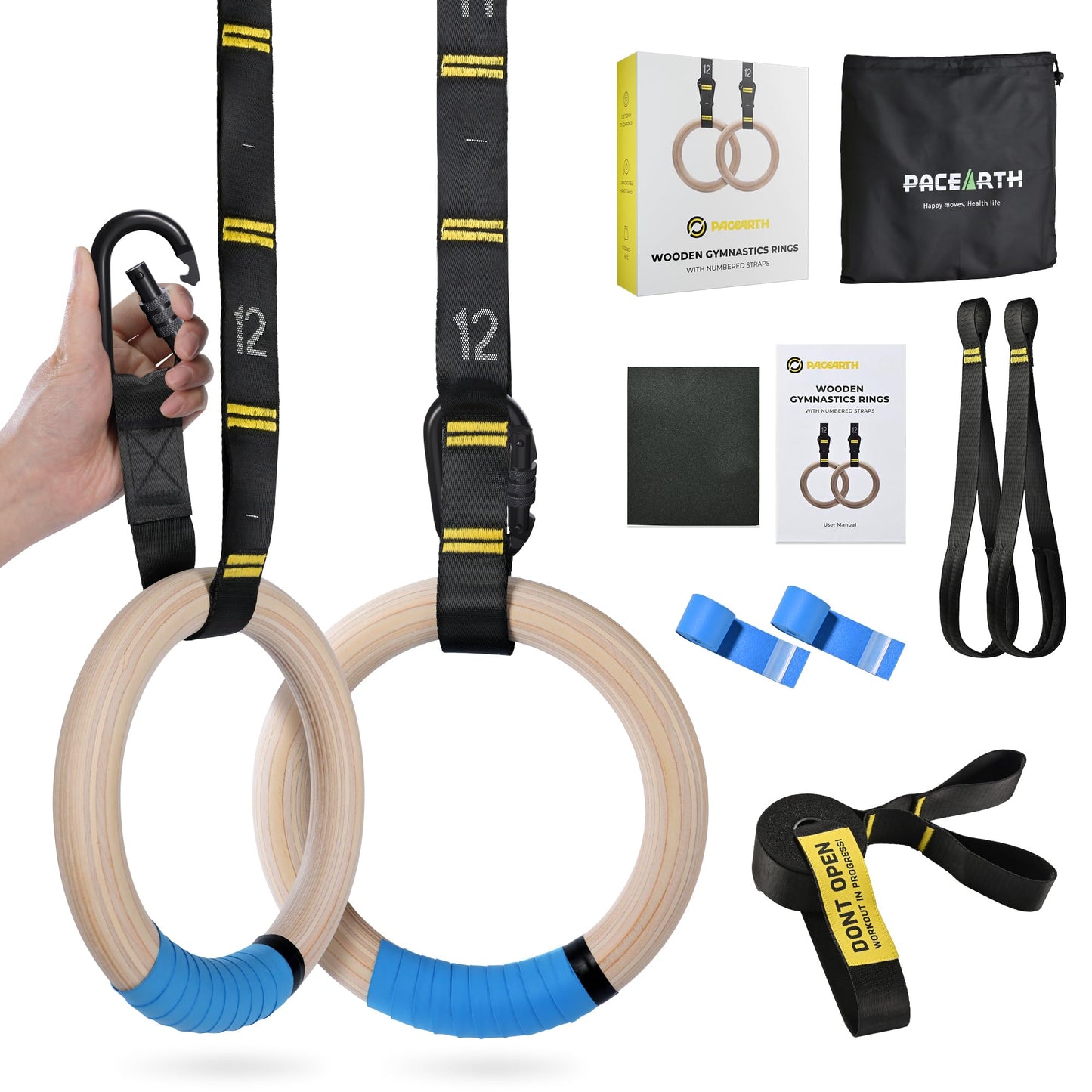 PACEARTH Gymnastics Rings 32mm Wooden Olympic Rings Support 1500lbs Locked Carabiners 9ft Double-Layer Numbered Straps Non-Slip Gym Rings with Foot Straps Door Anchor for Home Gym Full Body Workout
