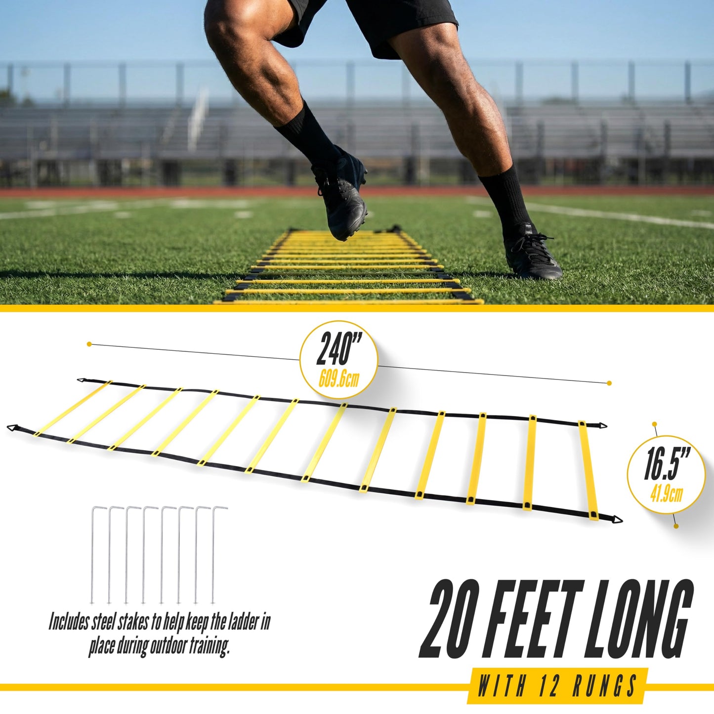 Venmark Agility Ladder, 2 Pack - Exercise and Training Ladder Set with Ground Stakes for Football, Soccer, Tennis, and More - Improves Speed & Fitness - Complete with Carrying Bag