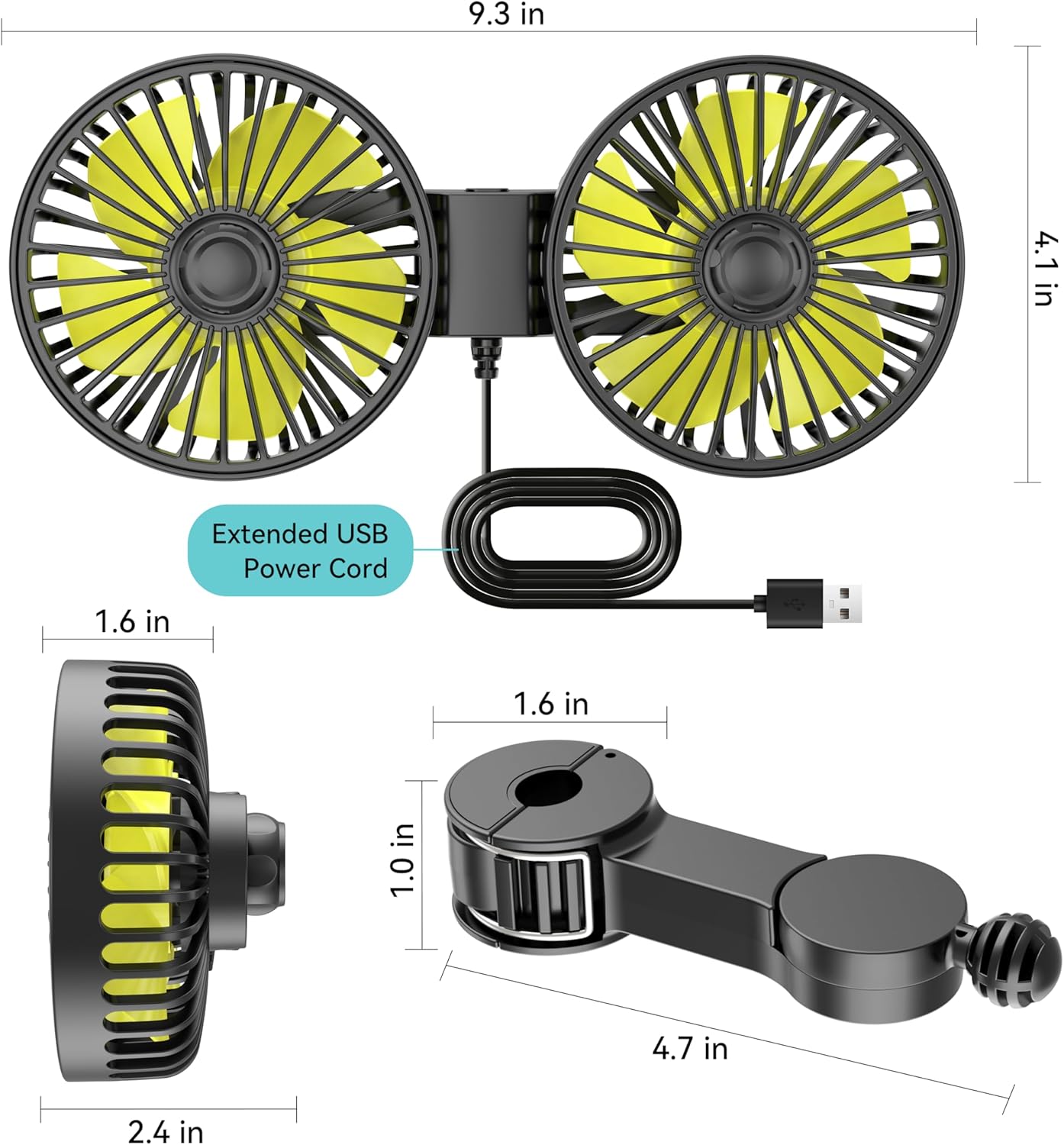 360 3 Wowok Car Fan for Rear Seat Passenger Dual Head USB Car Seat Fan for Backseat Kids, Rotatable Speeds Air