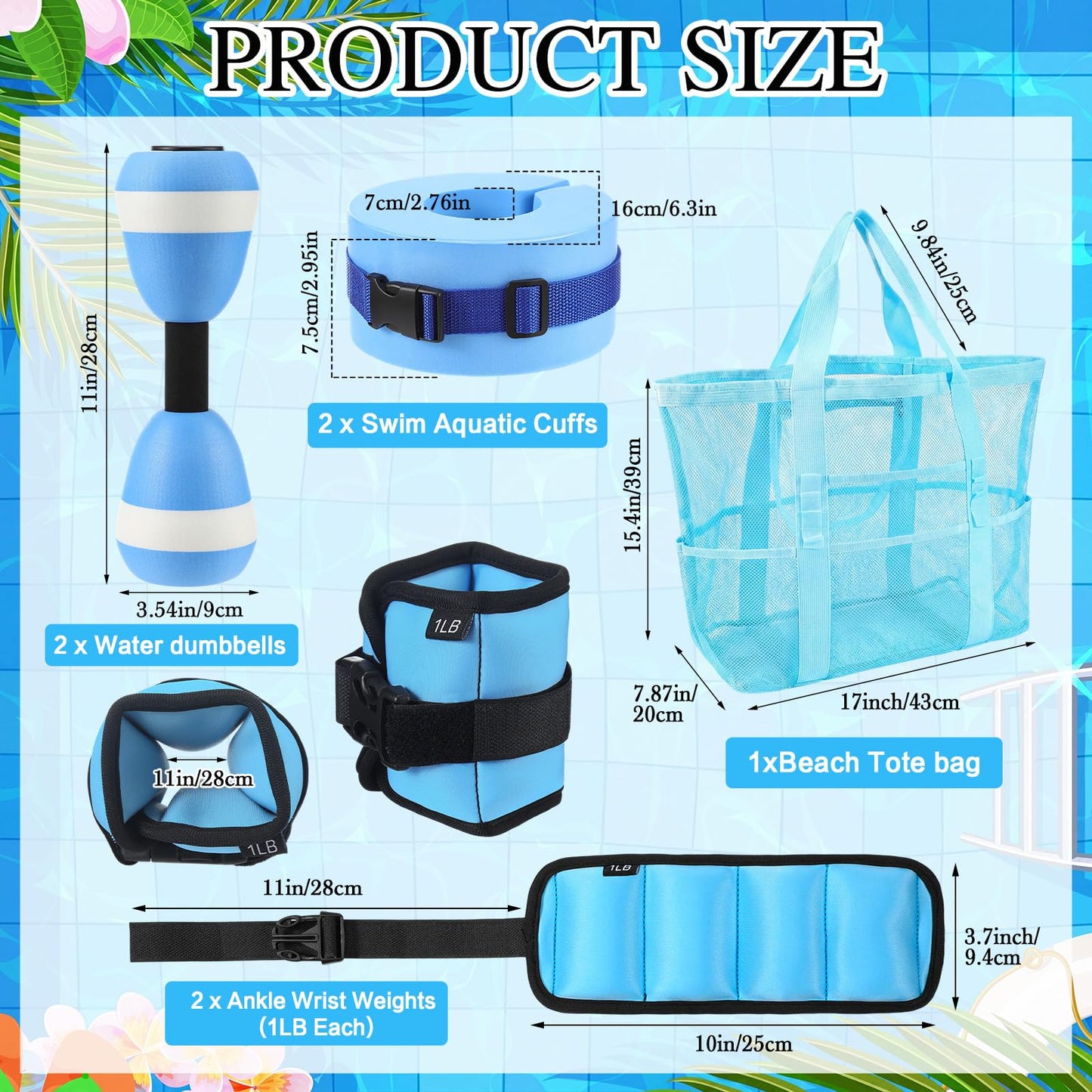 Teyva Daily 7 Pcs Aquatic Exercise Set Water Aerobics Set Including 2 Ankle/Wrist Weights for Land or Water 2 Exercise Foam Dumbbells Cuffs Large Mesh Beach Bag for Pool Weight Loss(Blue)