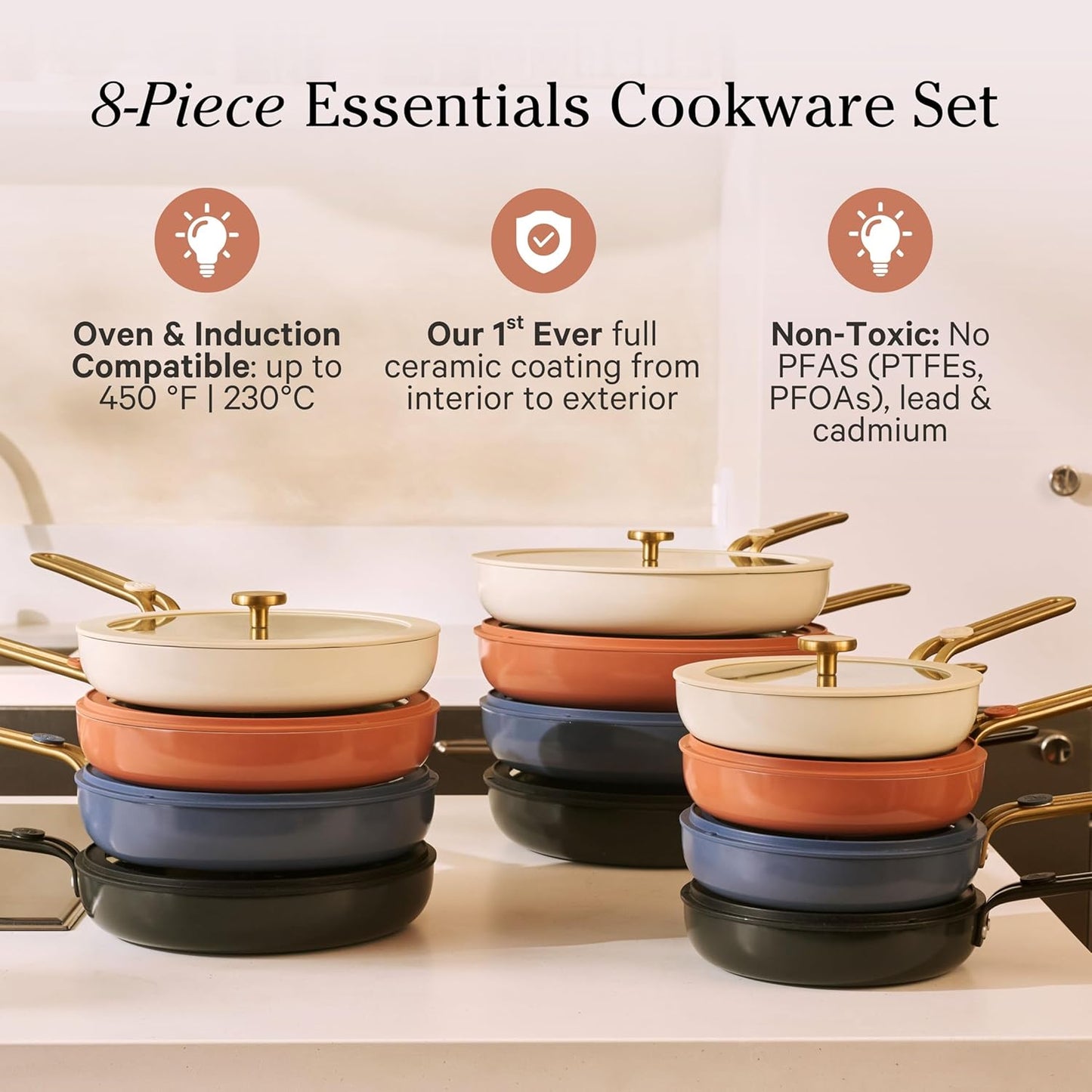 Our Place 8-Piece Cookware Set - Nontoxic Thermakind™ Nonstick Ceramic Fry Pans & Modular Rack | Oven Safe to 450°F, Blue Salt