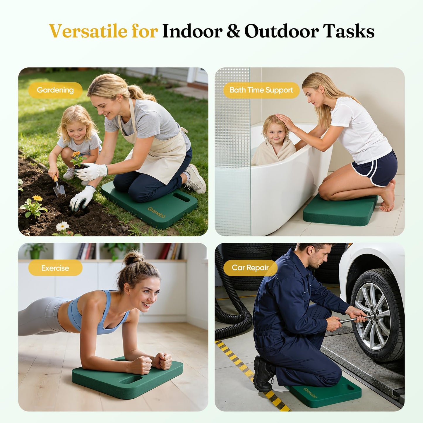 Grenebo 2-Pack 1.6" Extra Thick NBR Foam Garden Kneeling Pads, Ultra Soft Cushion Kneeling Pads for Gardening, Gardening Kneeling Pad for Baby Bathing, Work, Exercise, 17.3×11×1.6 in, Green