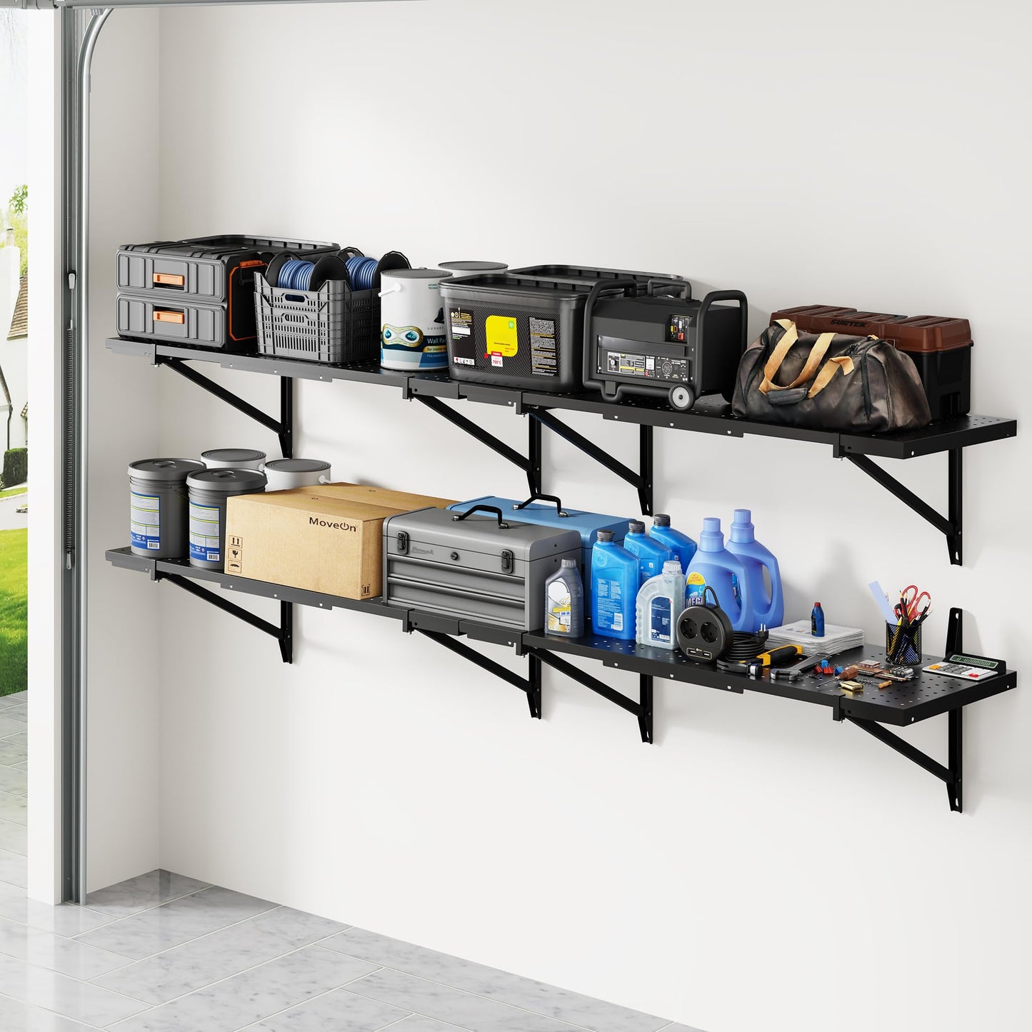 FLEXIMOUNTS 2-Pack 1x6ft Garage Shelving 14-inch-by-68-inch Perforated Wall Shelf, Heavy Duty Garage Storage Rack with 1400 lbs Load Capacity, Wall Mounted Organization System for Tools, Heavy Bins
