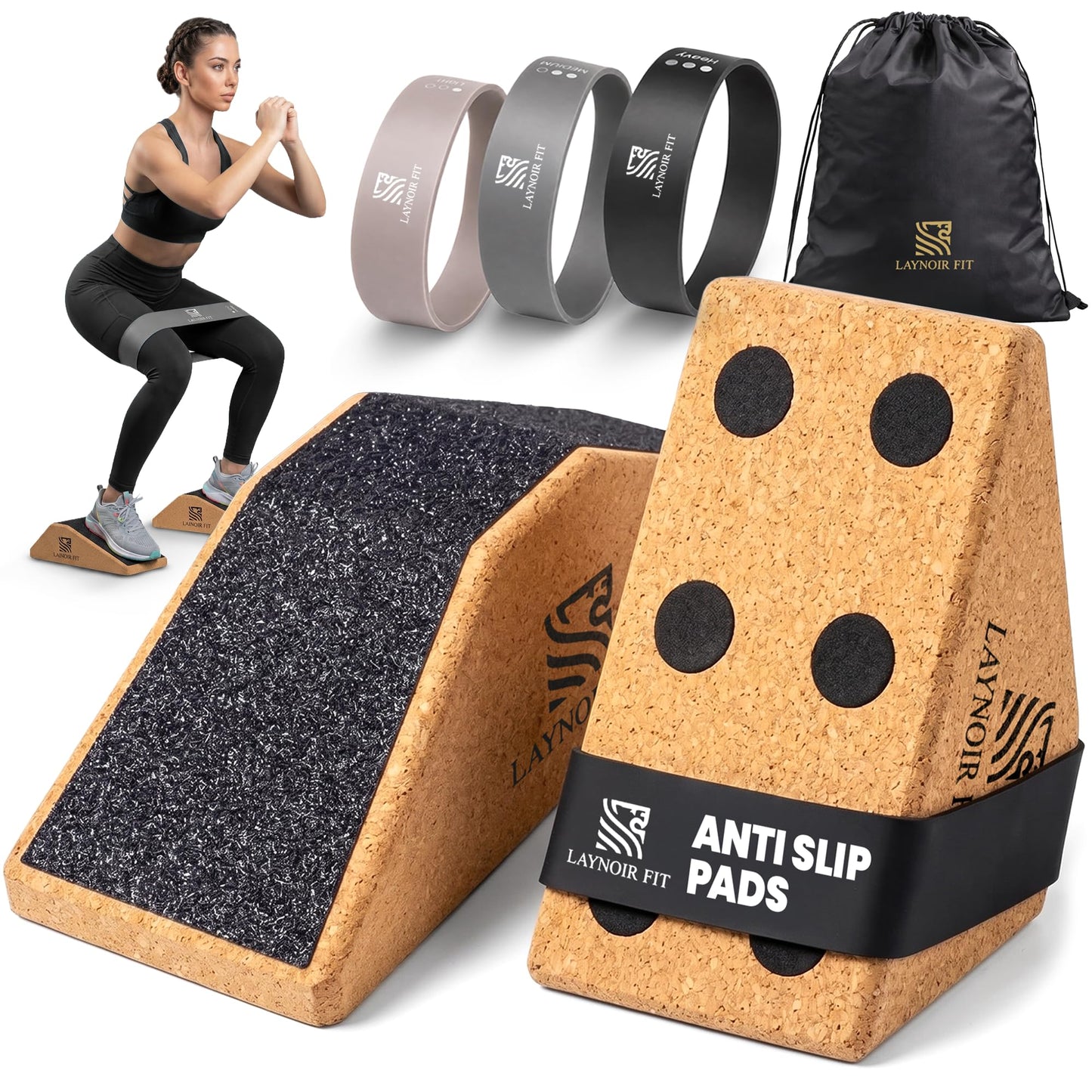 LAYNOIR Fit Anti-Slip Squat Wedge Block (2-Pack) – Heel Elevated Squats, 20° & 40° Cork Wedges for Weightlifting, Mobility & Knee Support – Includes Resistance Bands & Carry Bag