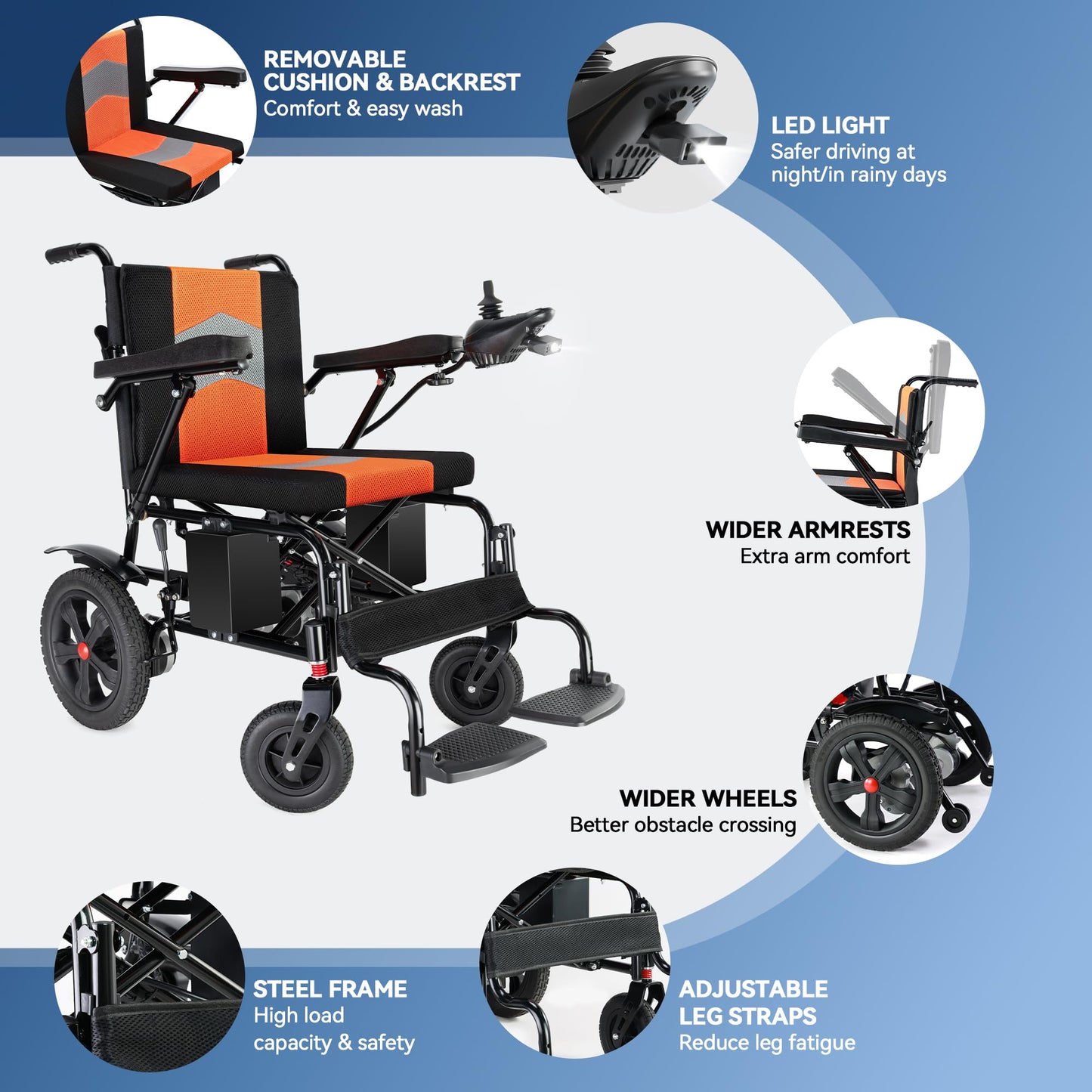 Goldseason 19-Inch Wide Seat Foldable Power Wheelchair for Adults & Seniors, 330 lb Capacity Lightweight Electric Wheelchair, Motorized All-Terrain Wheelchair for Indoor, Outdoor & Travel (Orange)