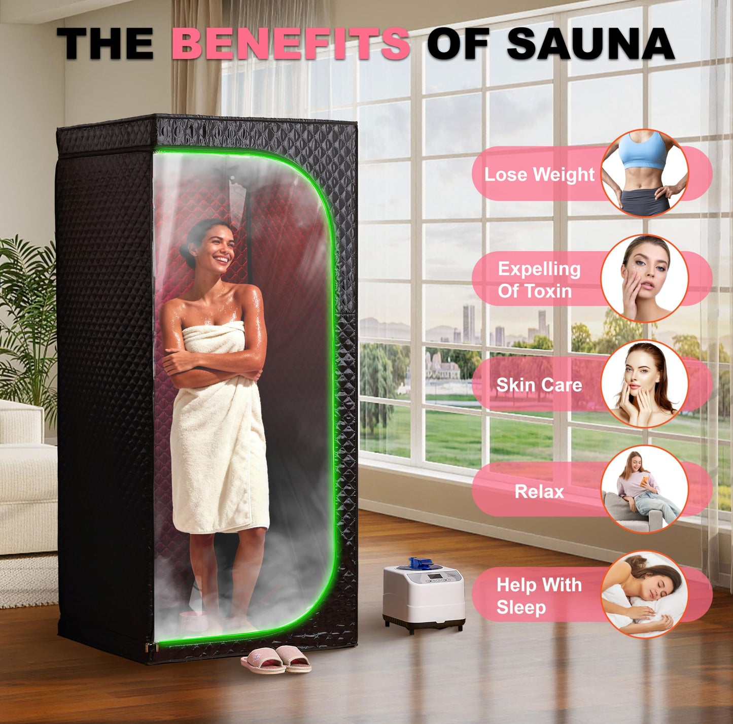 RRGFB Steam Sauna Tent for Home with Transparent Door, Portable Indoor Sauna with Powerful Steam Heating, Foldable Personal Spa for Relaxation (Single Rectangular – Red Light,Black)