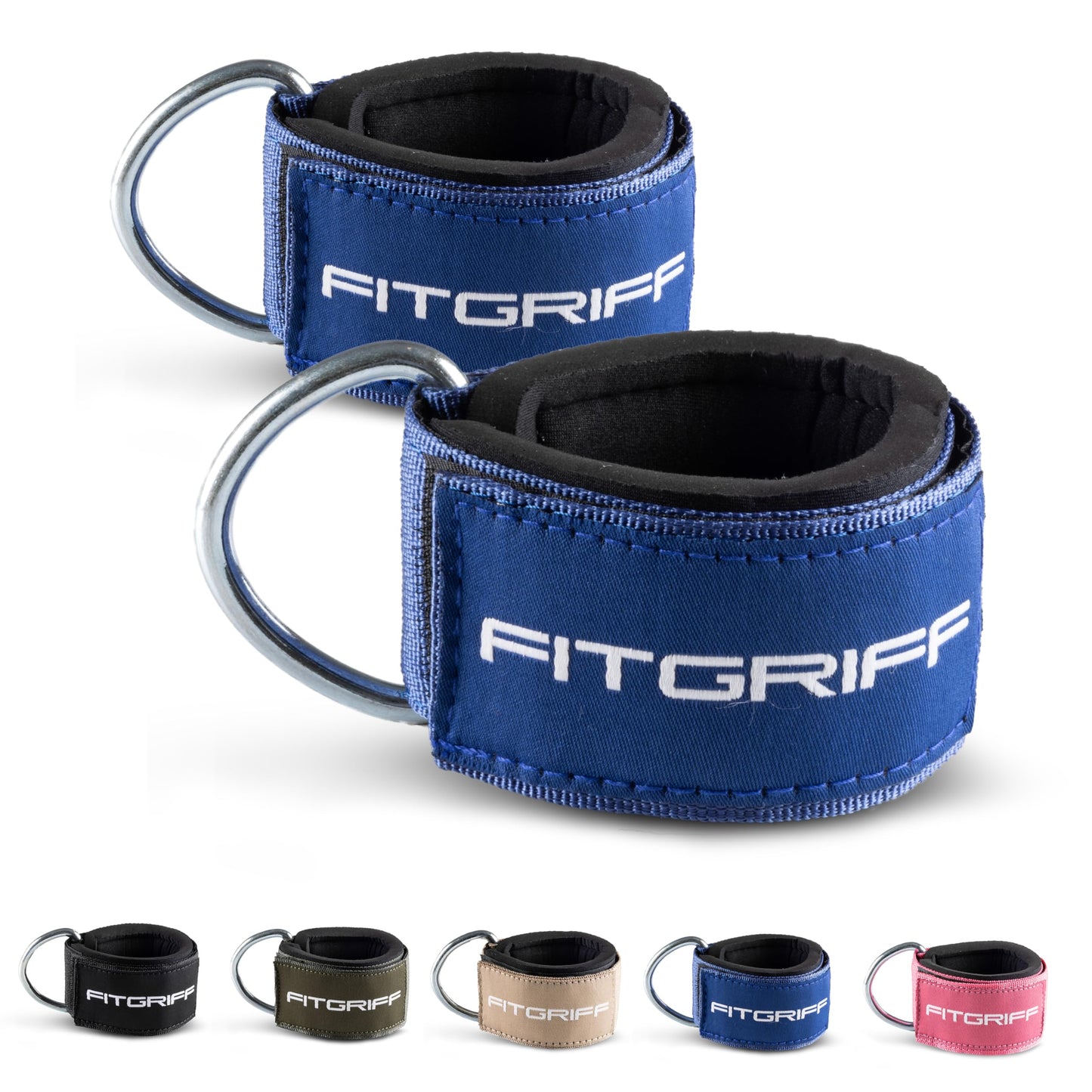 Fitgriff® Ankle Straps V2 for Cable Machine (2 Pieces) - Gym Workout Equipment - Leg Pulley Attachment, Kickback Straps (Blue)