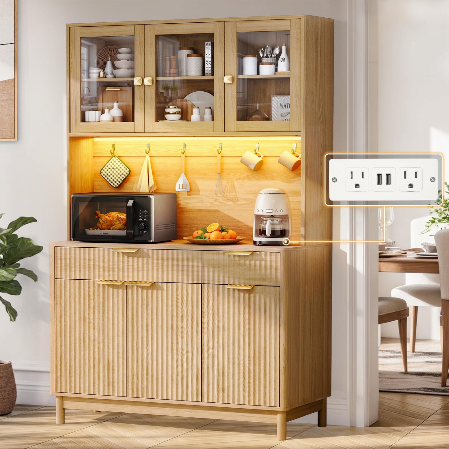 Fkhouse 71'' Fluted Kitchen Pantry Cabinet with Power Outlet & LED Light, Food Kitchen Hutch with Countertop, Wood Pantry Storage Cabinet with a Drawer & Shelves for Living Room, Dining Room, Natural