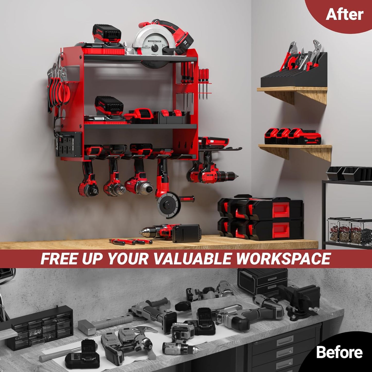 YYR Power Tool Organizer - Wall Mount Charging Station & Heavy-Duty Drill Holder - Red