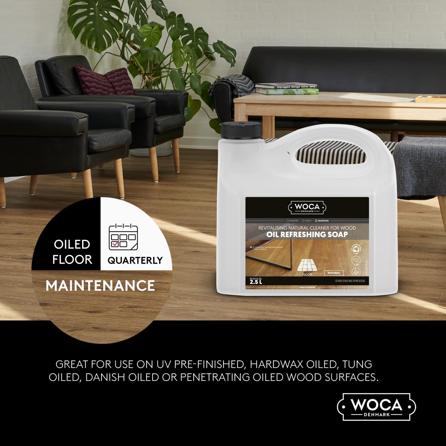 WOCA Denmark Oil Refreshing Soap Natural 1L – Oiled Wood Floor Cleaner & Rejuvenator, Plant-Based, Low VOC, Maintains Matte Finish