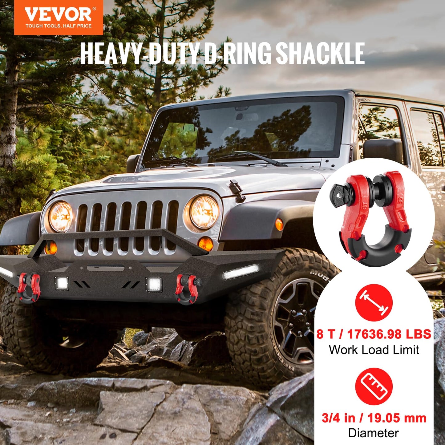 VEVOR 3/4" D Ring Shackle, Red Shackles for Truck with 7/8” Screw Pin 66139 lbs (30 Ton) Break Strength Black Isolator Washers Kit, Winch Towing Shackle for Truck Jeep Heavy Duty Off Road Recovery