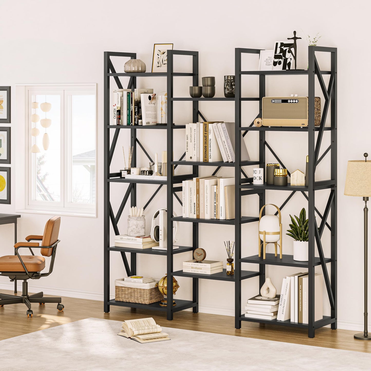 IDEALHOUSE Triple 5 Tier Bookshelf, Tall Bookcases with 14 Open Display Shelves, Industrial Wide Book Shelf with Metal Frame, Large Open Shelves for Bedroom, Living Room, Home Office, Black