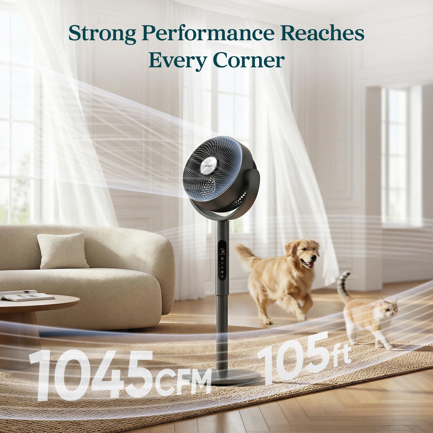 Levoit Standing Smart Fan for Bedroom, 1451CFM Ultra-High Airflow, 12H Timer with WiFi/Voice/Remoter, Auto 120°+90° Oscillating, Quite 20dB, 12 Speeds, 4 Modes, DC Motor, 2 in 1 Pedestal & Tabletop