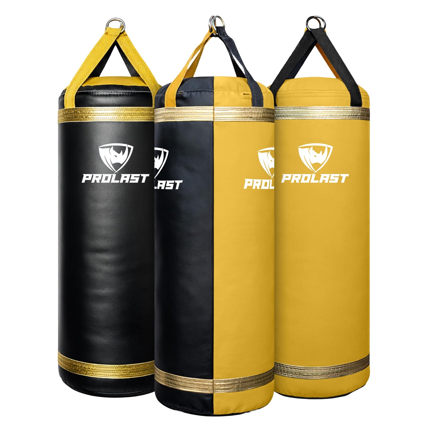 PROLAST 4Ft XL 135Lb Heavy Punching Kicking Bag for Adults, Boxing, MMA, Martial Arts, Muay Thai, Strength Training Equipment, Filled, Rhino Logo, Black and Yellow with Gold Trim
