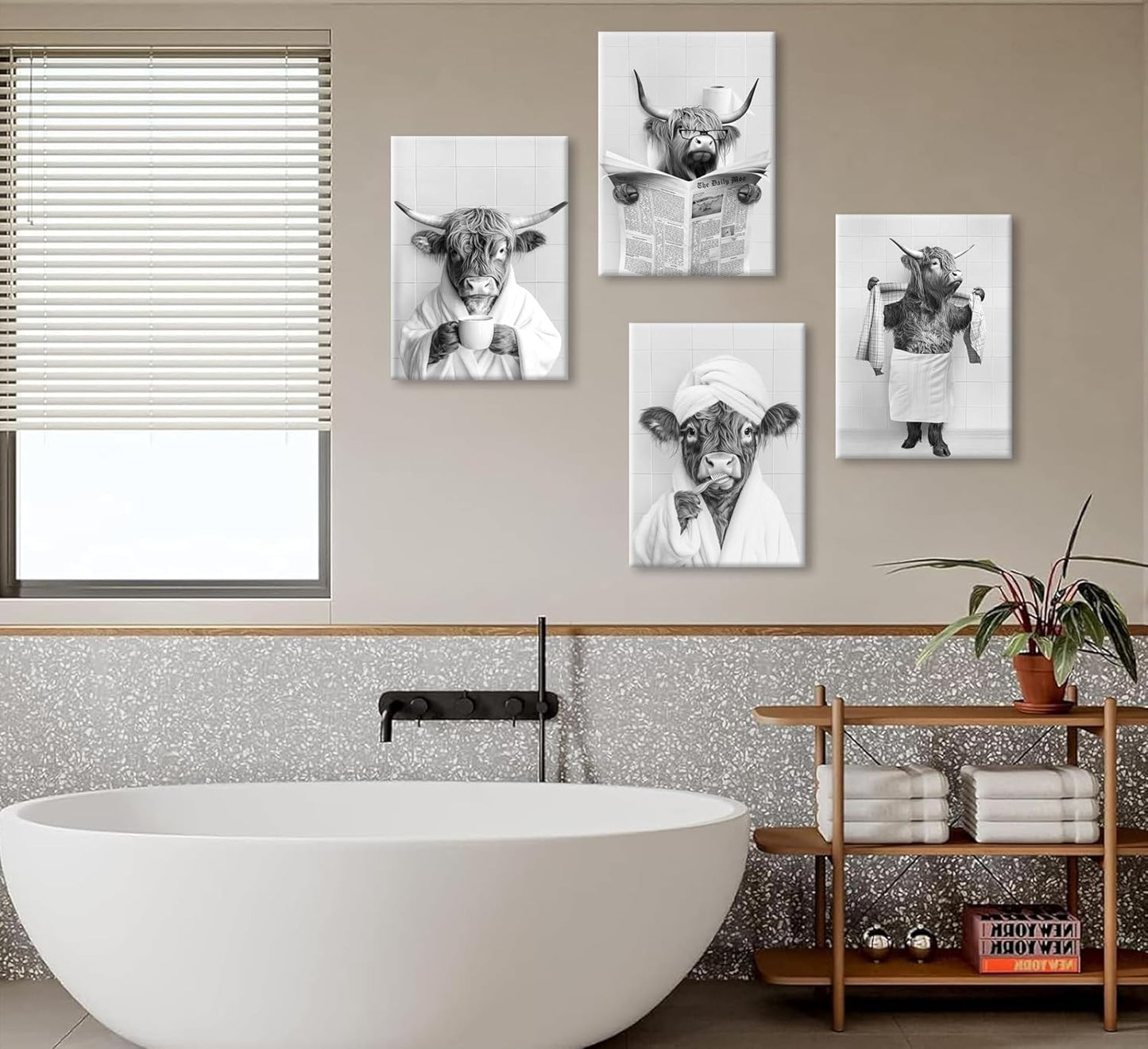 Skiennix Funny Highland Cow Bathroom Wall Art - Rustic Farmhouse Prints Set of 4 | Black & White Decor