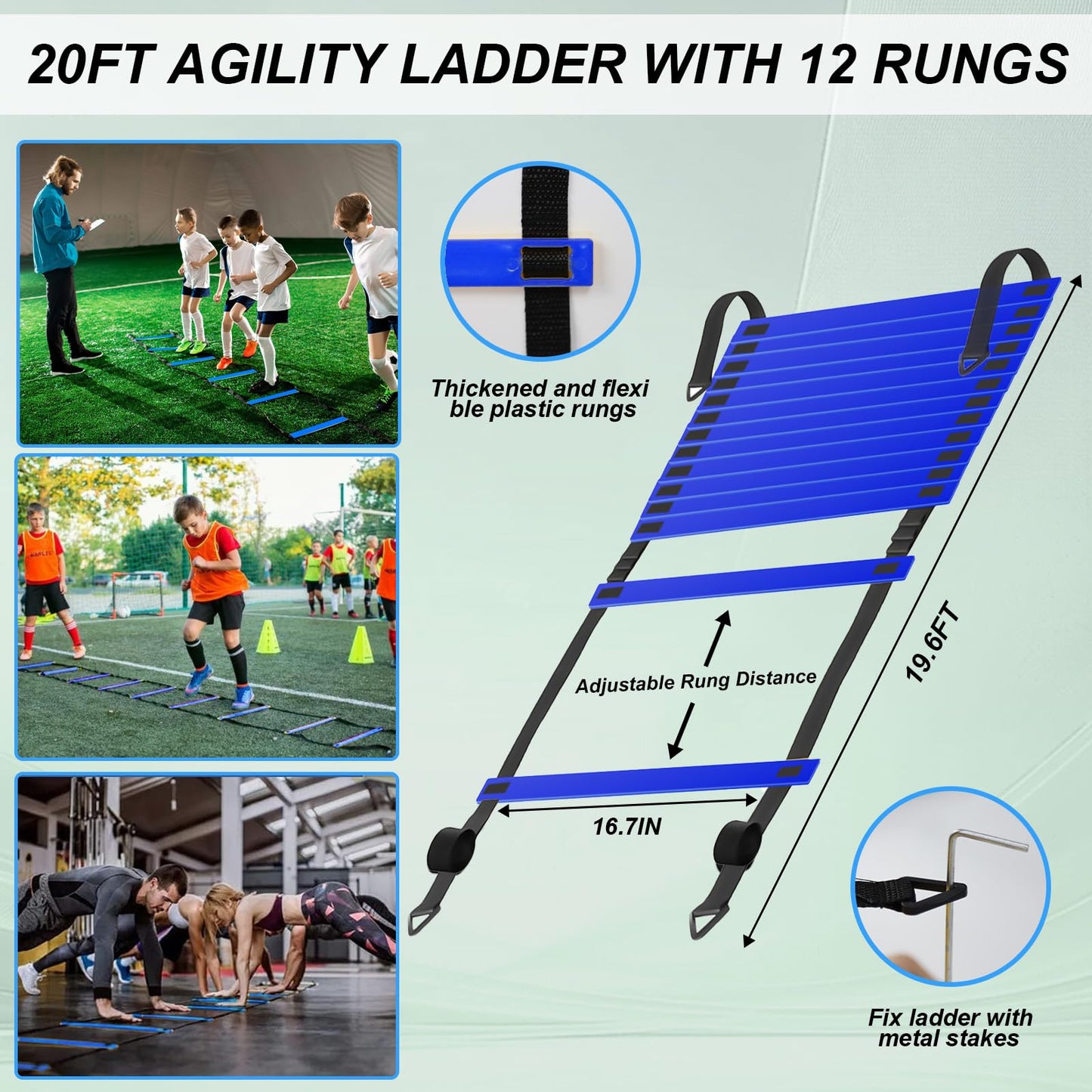 grestar Speed Agility Training Equipment Set, Blue Agility Ladder 20ft, 12 Football Cones, Resistance Running Parachute, Jump Rope, 5 Resistance Bands, Football Soccer Fitness Drills for Kids Adults