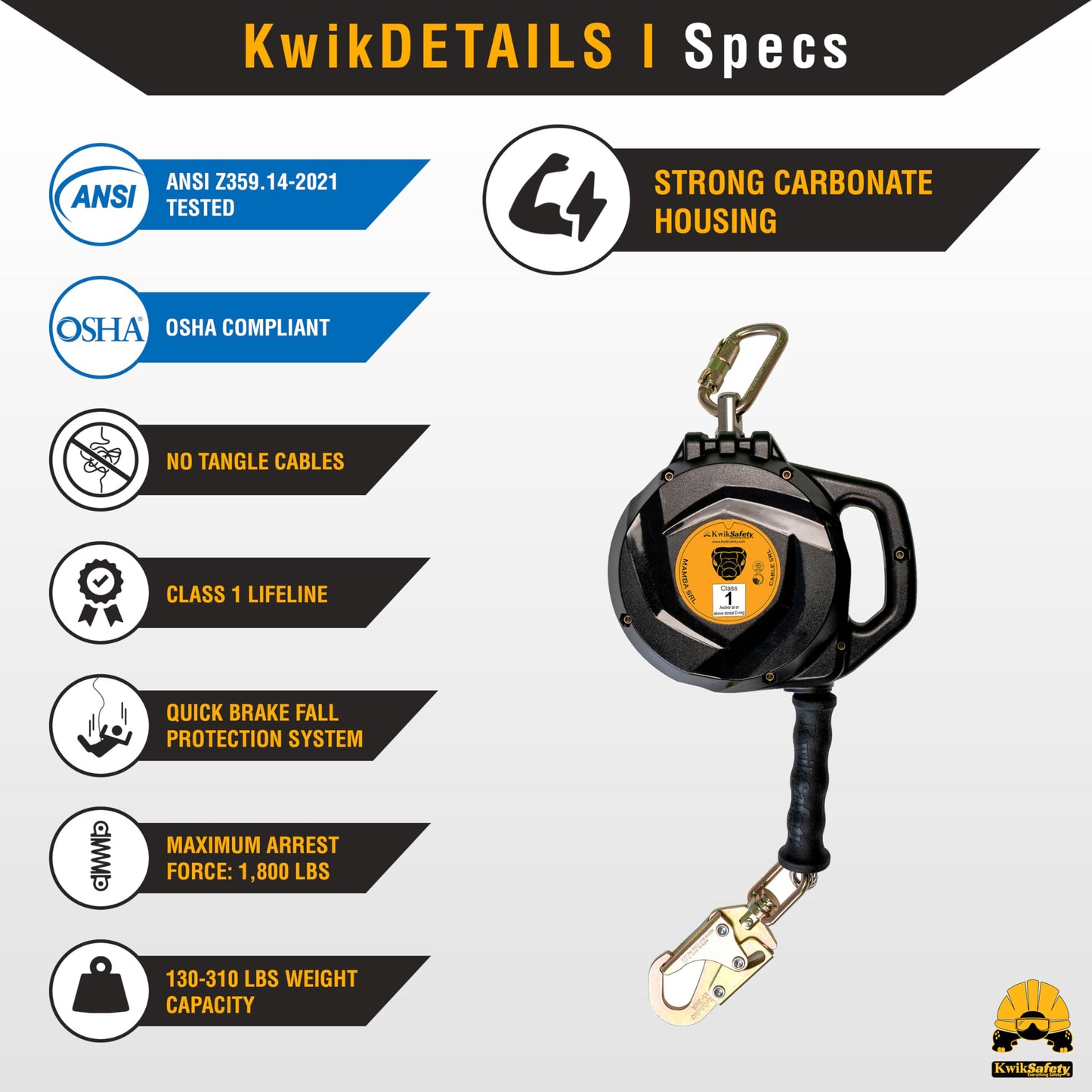 KwikSafety - Charlotte, NC - Mamba 50’ Self Retracting Lifeline [Carbonate + Integrated Handle] Class 1 Cable SRL ANSI OSHA Retractable Fall Arrest Safety Roofing Construction Gear