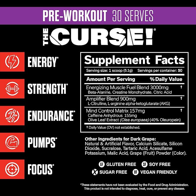 JNX SPORTS The Curse! Pre Workout Powder for Men & Women, Caffeine, Beta-Alanine, Creatine, L-Citrulline, 30 Servings, Dark Grape Flavor ??Boost Energy, Strength & Focus