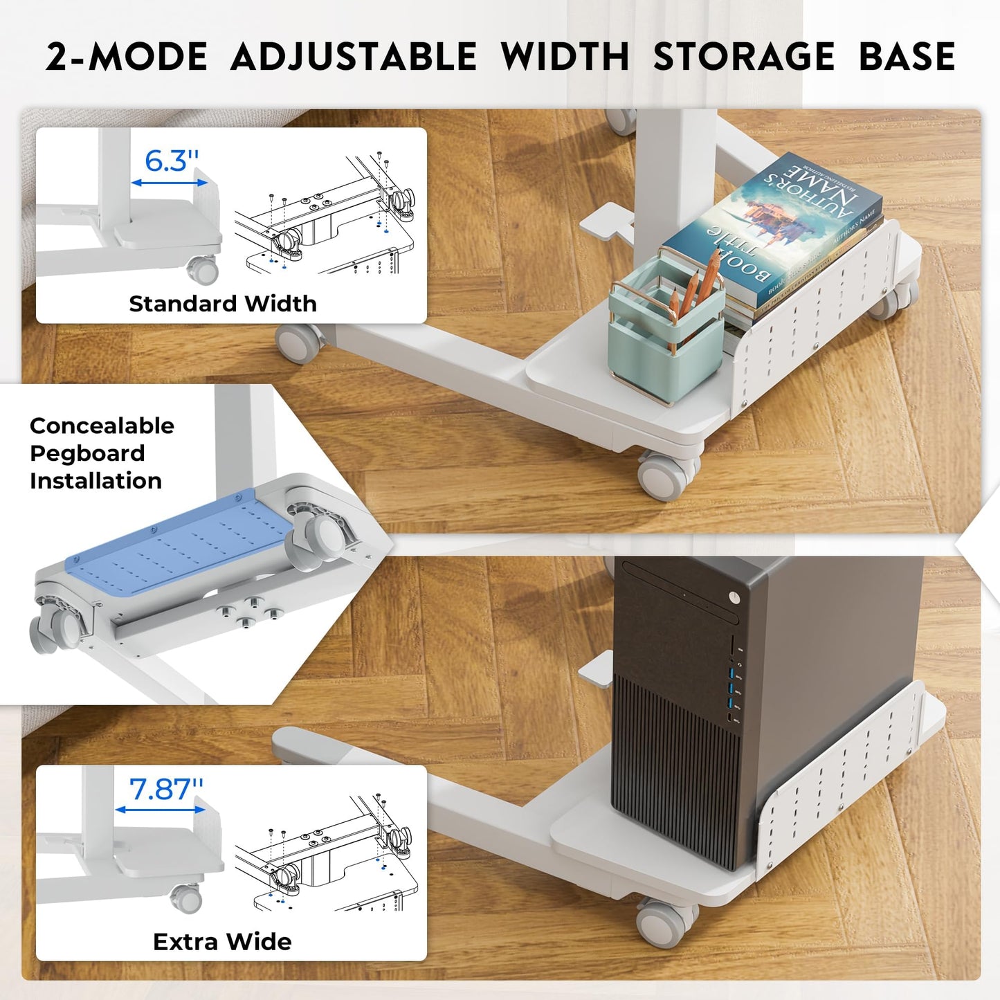 BONTEC Mobile Standing Desk Adjustable Height, Rolling Laptop Cart with Storage Shelf, Hooks, Portable Workstation with Pneumatic Lift, Ergonomic Compact Home Office Desk, White 23.6" x 20.5"