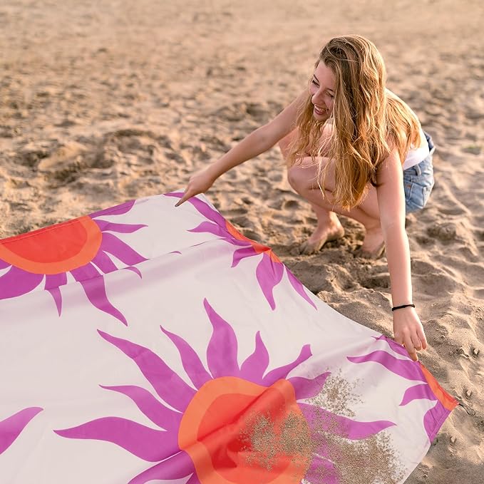 Large Beach Blanket Waterproof Sandproof, 86"×78" Beach Mat Sand Free for 2-4 Adults with Stakes and Sand Pocket, Foldable Picnic Blankets for Outdoor, Camping Hiking, Vacation Essentials-Boho Sunset