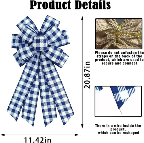 Blue Buffalo Plaid Wreath Bow - Stylish Blue & White Burlap Ribbon for Home Decor & Tree Ornaments