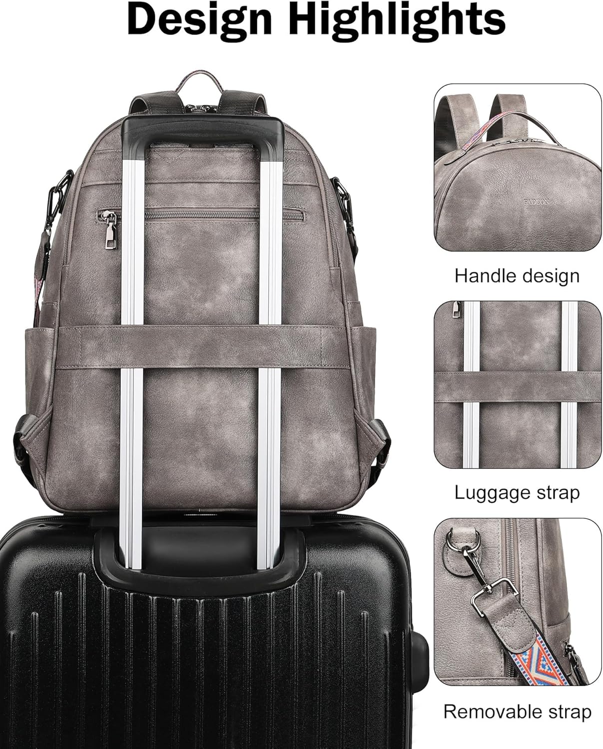 Backpack Backpack FADEON Leather Laptop Purse for Women, Designer Travel PU with Laptop Compartment for Work Grey